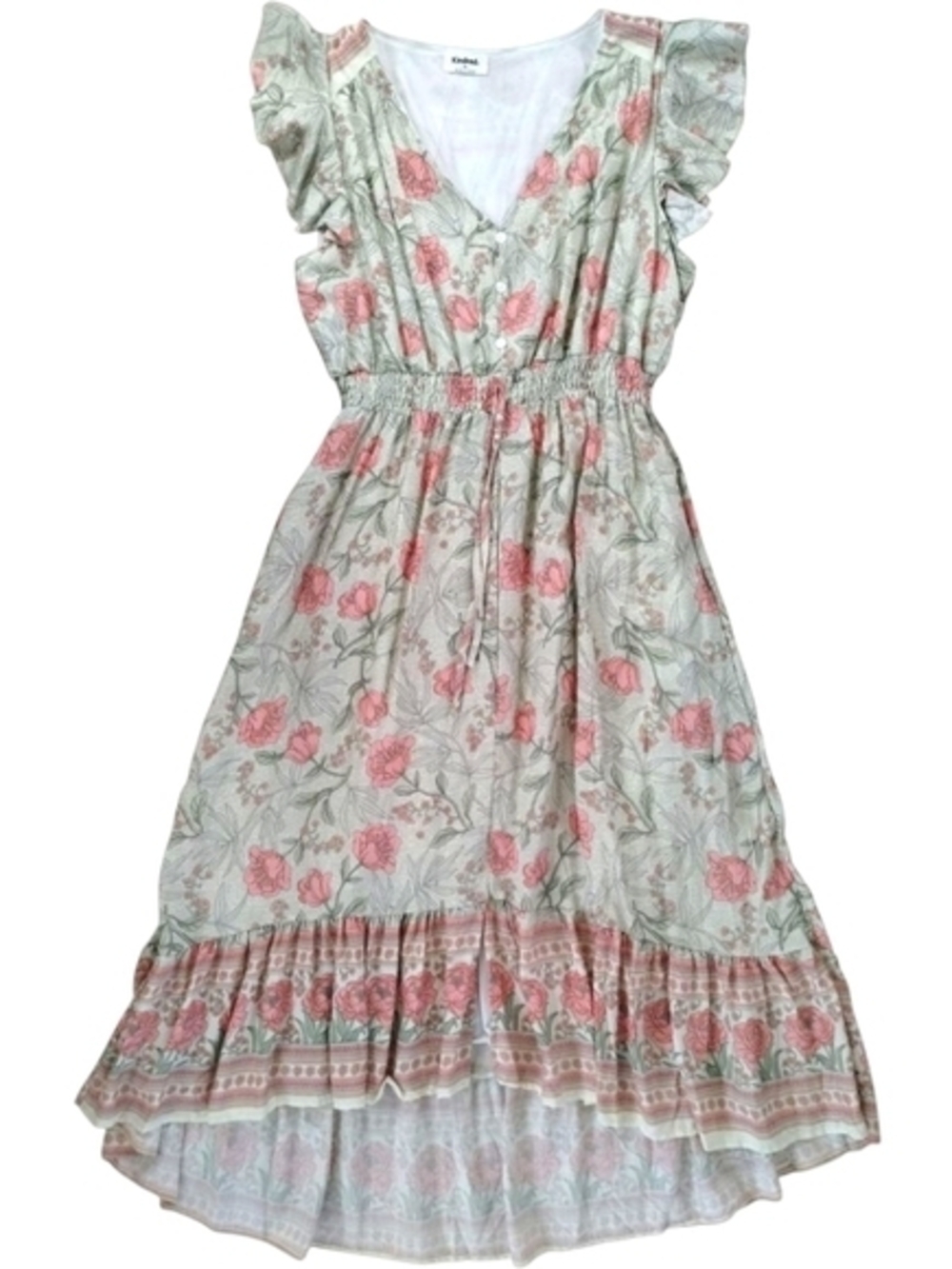 Smocked Waist Floral Midi Dress in Pink & Cream